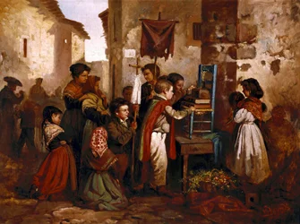 Enfants jouant dans la procession religieuse, peinture de Joaquim Vayreda y Vila