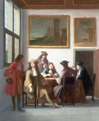 Un intérieur élégant avec des hommes jouant aux cartes