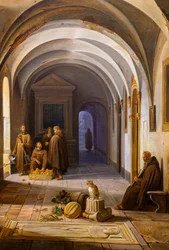 Moines franciscains dans le cloître de Santa Maria d