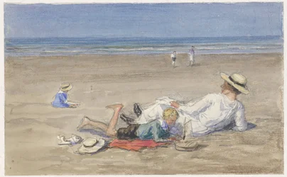 Nourrice se reposant avec deux enfants sur la plage