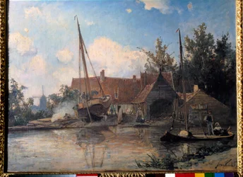 Paysage hollandais avec un grand bateau en calfatage