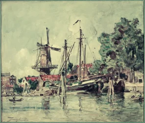 En Hollande, les barques près du moulin