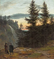 Deux hommes devant une cascade au coucher du soleil