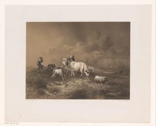 Berger avec troupeau dans une tempête