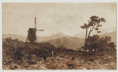 Paysage de collines avec un moulin à gauche