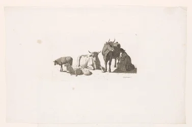 Femme trayant une vache, avec du bétail et des moutons