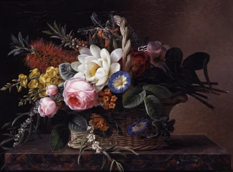 Nature morte de callistemons, lys, genets, roses et convulvus. Peinture de Johan Laurentz Jensen (1800-1856) Collection privee.