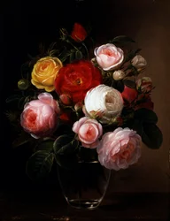 Nature morte de roses dans un vase en verre. Peinture de Johan Laurentz Jensen (1800-1856 danois) Collection privée
