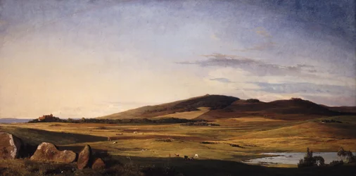 Paysage de Zélande. Vue de Bjerresø Mark vers Vejrhøj et le manoir de Dragsholm