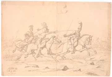Combat de cavaliers ; en haut, une étude de tête