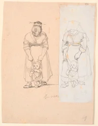 Italienne menant un petit enfant en laisse