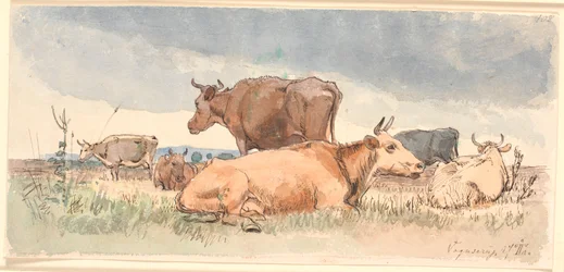 Paysage avec trois vaches couchées et trois debout