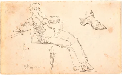 Feuille de carnet de croquis avec jeune homme assis et étude d