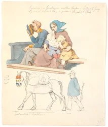 Soldat et femme avec deux enfants, assis sur un banc. À droite, un cheval avec des bagages suivi d