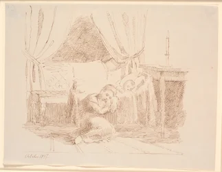 Intérieur de chambre avec une petite fille assise par terre et dormant, appuyée contre un berceau avec un enfant endormi