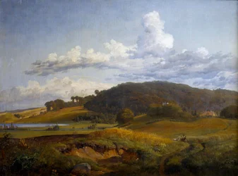 Vue de Vinderød vers Høbjerg près de Frederiksværk, avec la maison des parents de J. Th. Lundbye