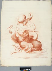 Akademiezeichnung. Detail einer Deckendekoration mit Peleus und Thetis in der Galleria Farnese, Rom, Triton bläst eine Muschel
