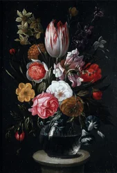 Fleurs dans un vase en verre (huile sur panneau)