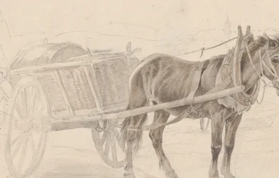 Chariot tiré par un cheval brun près d