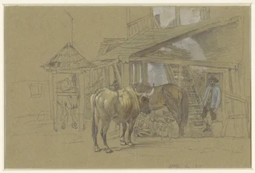Bœufs et un cheval chez le maréchal-ferrant