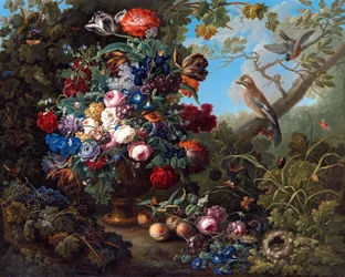 Grande nature morte de fleurs avec des oiseaux