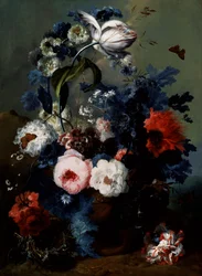 Nature morte de roses, pavots et iris. Peinture de Johann Baptist Drechsler (1756-1811) Collection privee.