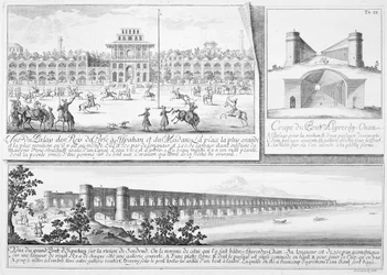 Le Palais Royal à Ispahan, une coupe transversale du pont Alyverdy-Chan Ispahan et une vue du pont Alyverdy-Chan Ispahan, de Entwurf einer historischen Architektur, gravé par Johann Adam De