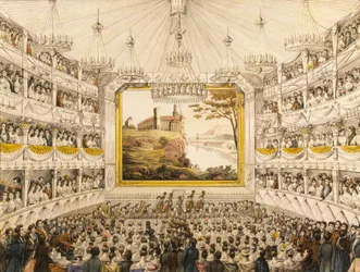 Autriche, Vienne, Intérieur du Théâtre an der Wien, impression aquarellée par J.C. Schoeller