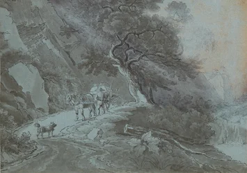 Paysan avec une voiture à cheval sur un chemin forestier pendant un orage
