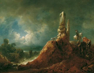 Paysage avec ruine et cavalier au clair de lune