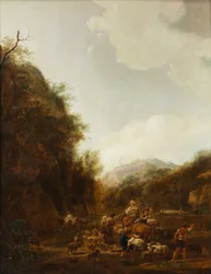 Paysage de montagne avec bergers et bétail à l