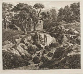 Paysage avec roue de moulin