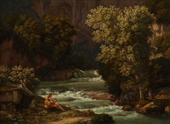 Vue du Ponte Lupo près de Tivoli, avec une personne jouant de la lyre au premier plan