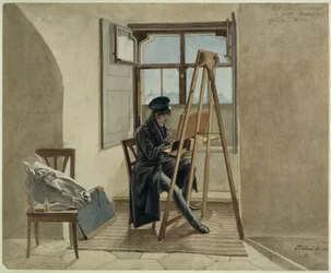 Le peintre Johann Adam Klein à son chevalet dans son atelier au palais comtal Chotek à Vienne