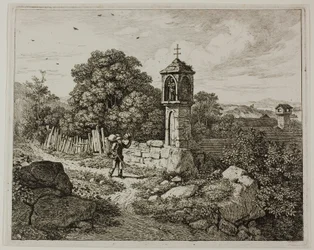 Fermier saluant un sanctuaire de la Madone en bord de route, planche une de Die zwei grossen Landschaften mit den Betsäulen