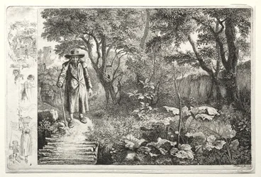 Vieil homme devant le pont de rondins