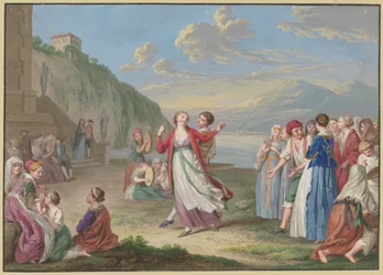 Des paysans italiens se divertissent au bord du lac avec des jeux et des danses, de hautes montagnes à l