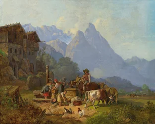 Heinrich Bürkel Village de montagne avec fontaine c1845