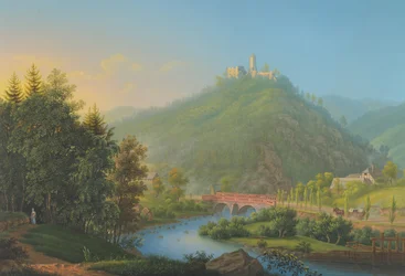 Vue de Kynsburg sur la vallée de la rivière Weistritz en Silésie, fin 18ème-19ème siècle
