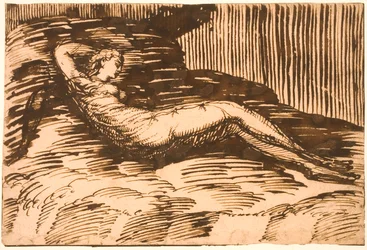 Chèvre couchée et trois moutons près d