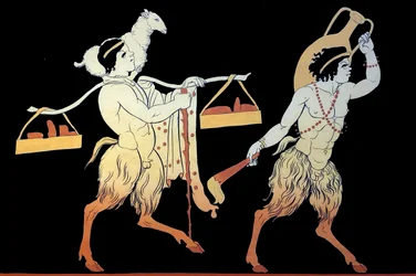 Deux faunes portant des tributs et des offrandes au festival de Dionysia