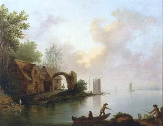 Paysage fluvial boisé avec bateliers