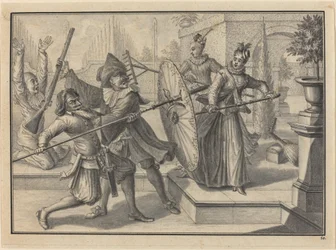 Pantalon et le Docteur se battant avec Colombine et Brigatella dans le jardin