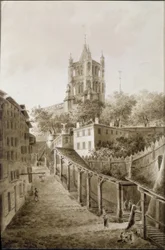 Escaliers du Marché and steeple of the cathedral