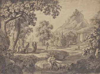 Paysage classique avec un temple, sur une montagne un géant