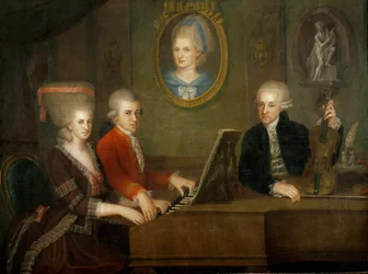 La famille Mozart : au piano, Wolfgang et sa sœur Nannerl ; le père Léopold Mozart au violon... (huile sur toile)