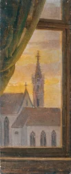 Vue par une fenêtre sur un clocher gothique