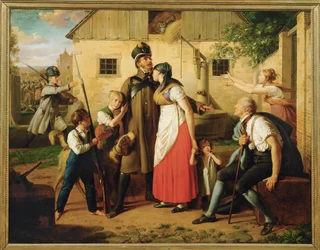 Die Heimkehr des Landwehrmannes - Le retour du milicien ... (peinture sur toile)