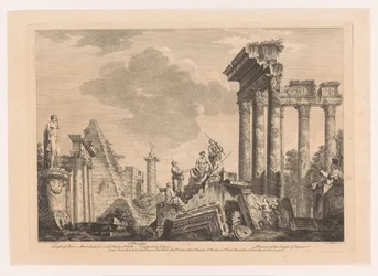 Cinq hommes discutant près de ruines antiques