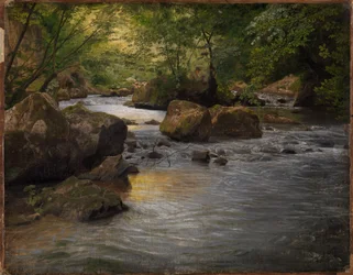 Ruisseau de montagne avec peintre assis